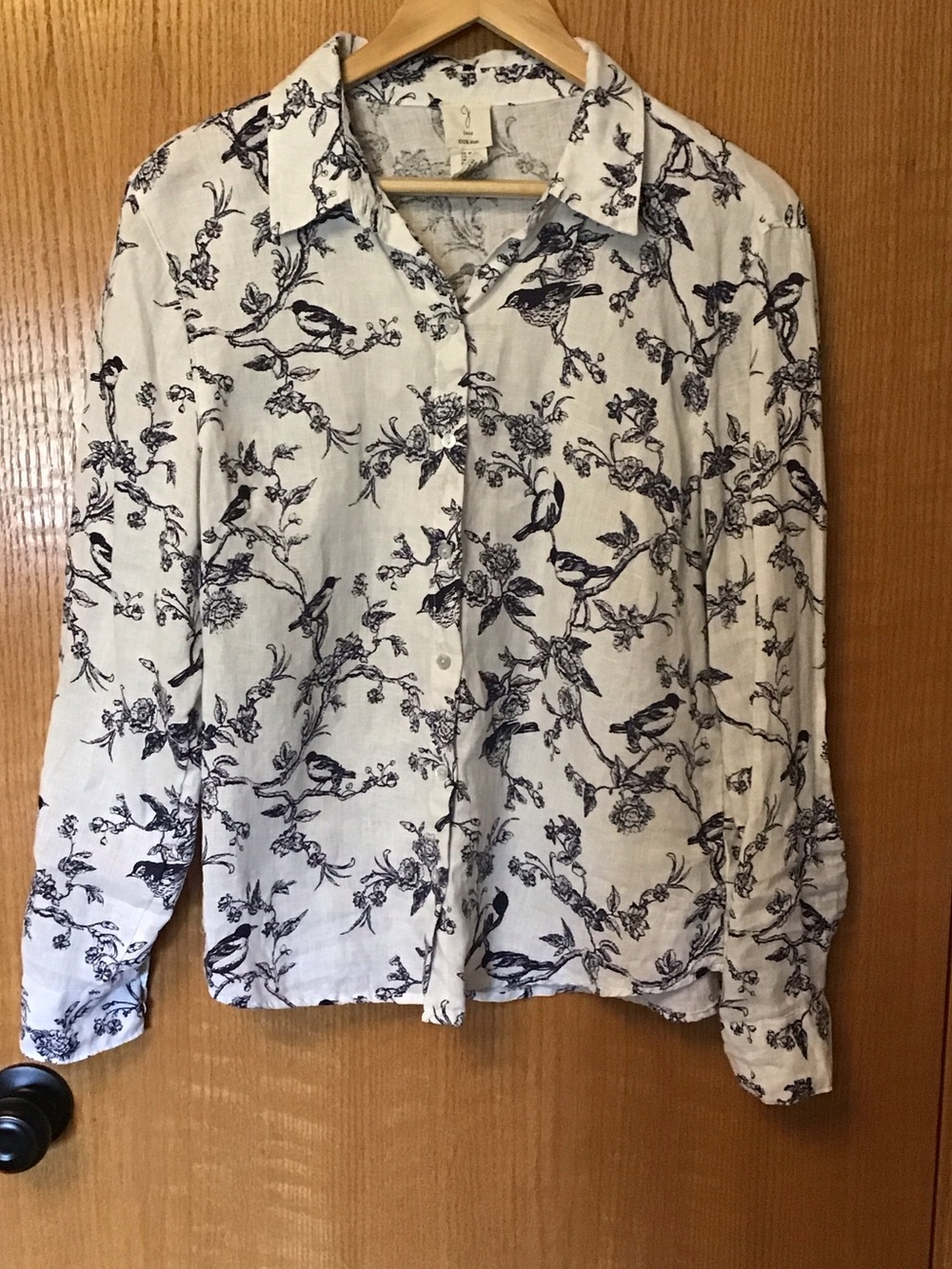 Joie White and navy linen Button-Down Shirt with bird and flower Print